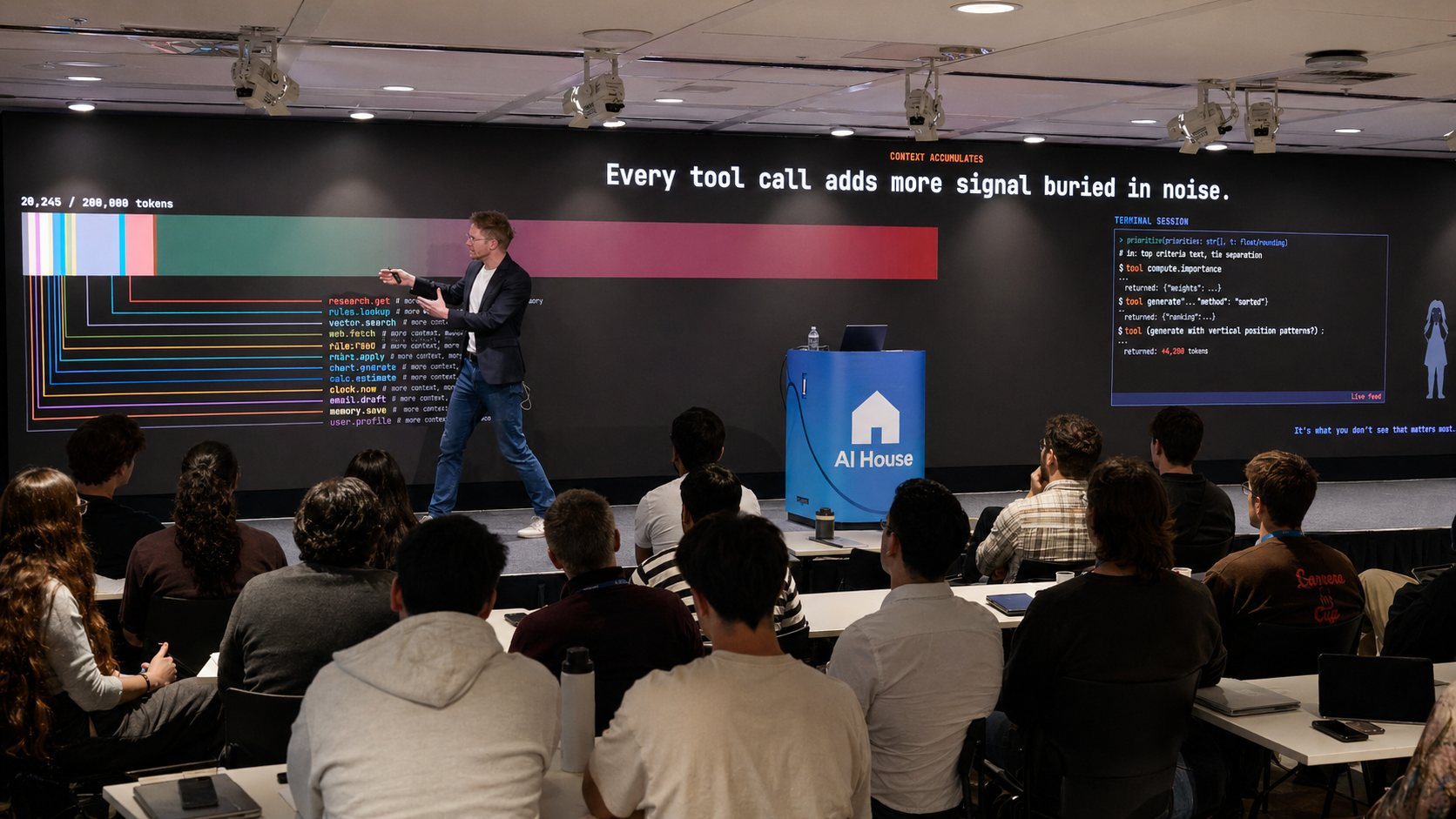 Fausto Albers delivering the context engineering keynote at Prosus AI House Amsterdam, April 2026